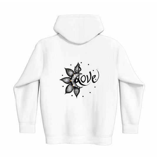 lifestyle apparel, casual clothing, unisex, stippled ink, ink art, pointillism, dot work, flower art, love, black and white, winter wear, winter fashion, winter looks, streetwear, fleece