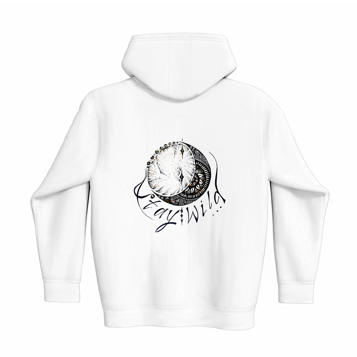 lifestyle apparel, casual clothing, unisex, stippled ink, ink art, pointillism, dot work, moon, loon lovers, mandala, love, black and white, stay wild, stipple, wild heart, free spirit, winter looks, winter wear, winter fashion, streetwear