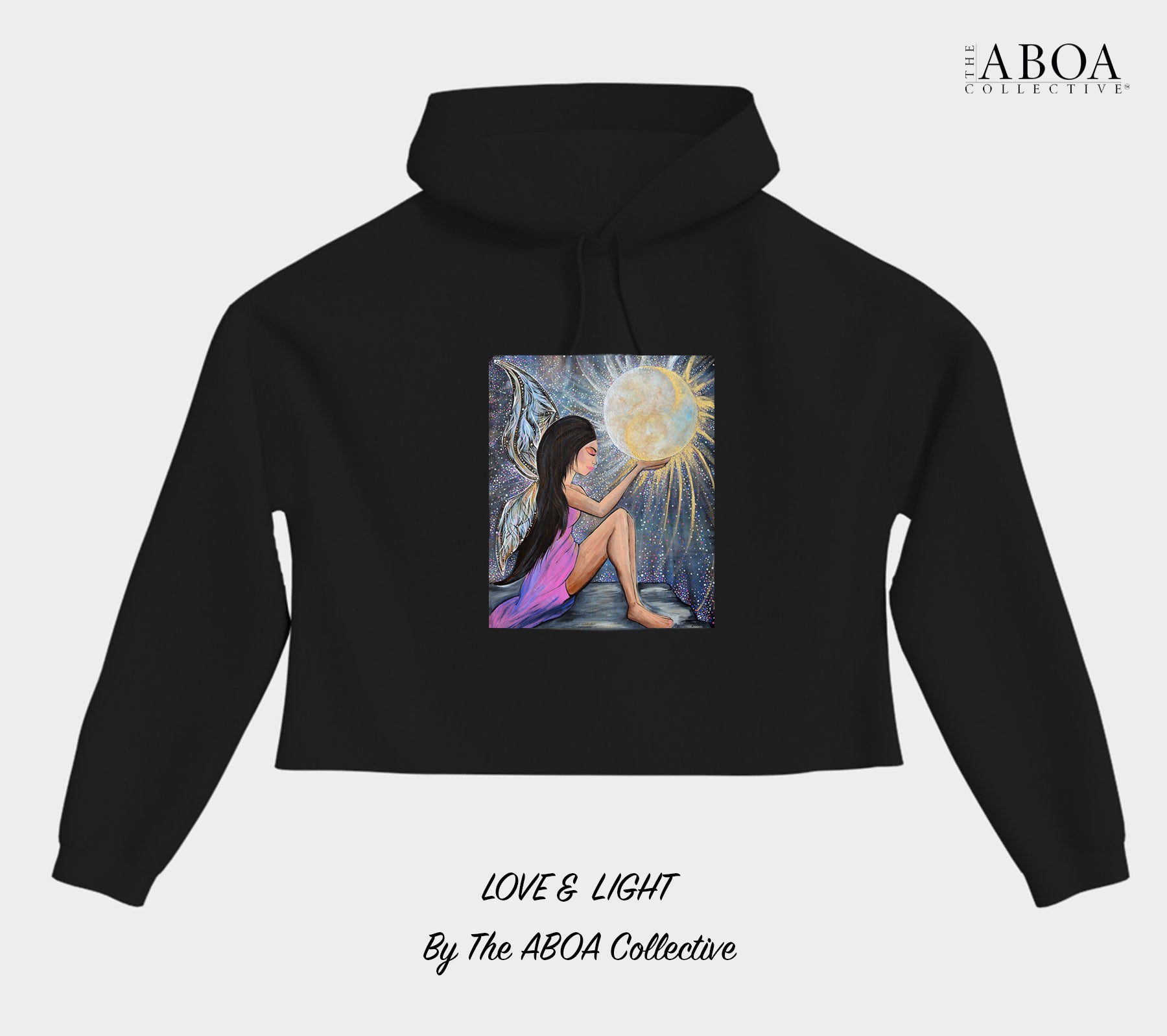 love and light, sun and moon, fairy, angel, wings, full moon, artwork, artsy, boho, spiritual, fashion art, resort wear, summer fashion, fashion design, lifestyle apparel, lifestyle fashion, casual wear, fitness, activewear, imagery, cropped hoody, hoody, women's hoody