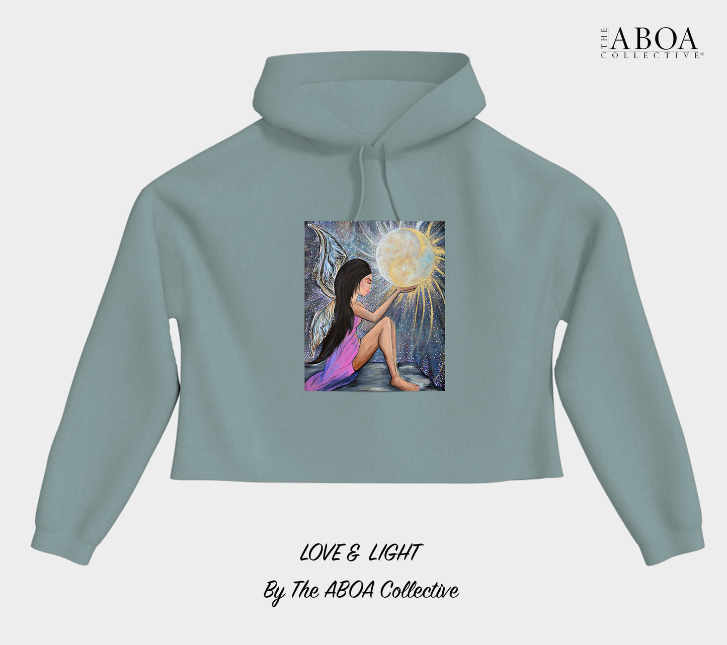 love and light, sun and moon, fairy, angel, wings, full moon, artwork, artsy, boho, spiritual, fashion art, resort wear, summer fashion, fashion design, lifestyle apparel, lifestyle fashion, casual wear, fitness, activewear, imagery, cropped hoody, hoody, women's hoody