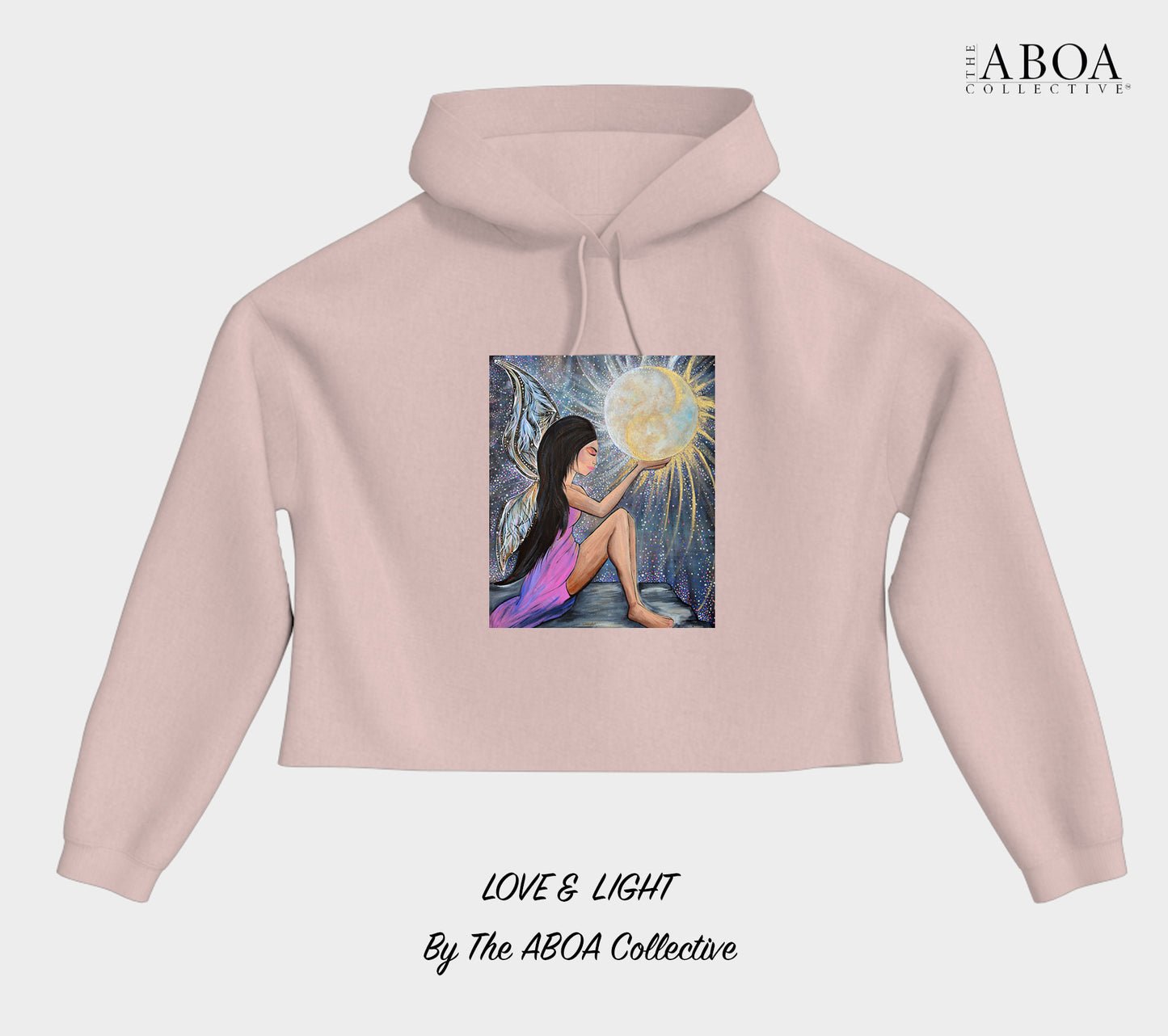 love and light, sun and moon, fairy, angel, wings, full moon, artwork, artsy, boho, spiritual, fashion art, resort wear, summer fashion, fashion design, lifestyle apparel, lifestyle fashion, casual wear, fitness, activewear, imagery, cropped hoody, hoody, women's hoody