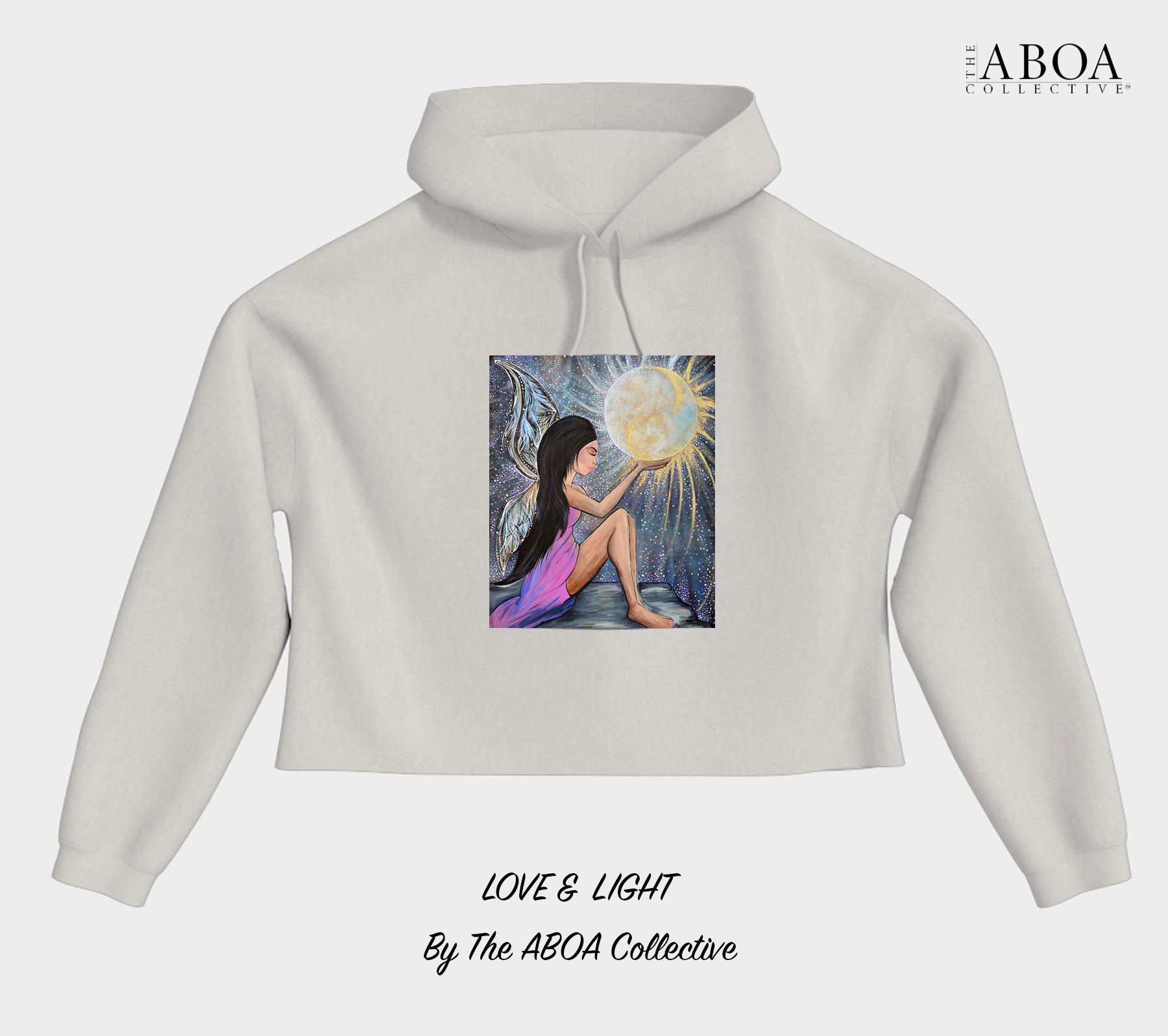 love and light, sun and moon, fairy, angel, wings, full moon, artwork, artsy, boho, spiritual, fashion art, resort wear, summer fashion, fashion design, lifestyle apparel, lifestyle fashion, casual wear, fitness, activewear, imagery, cropped hoody, hoody, women's hoody