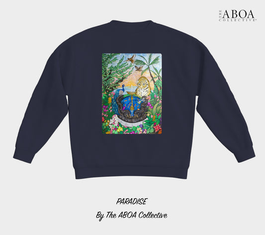 paradise, tropical, rainforest, animal art, animal lovers, nature art, nature lovers, sunset, jaguar, peacock, fauna, flora, fountain, resort wear, summer fashion, unisex, crewneck, crewneck fleece, lifestyle apparel, lifestyle, activewear, casual