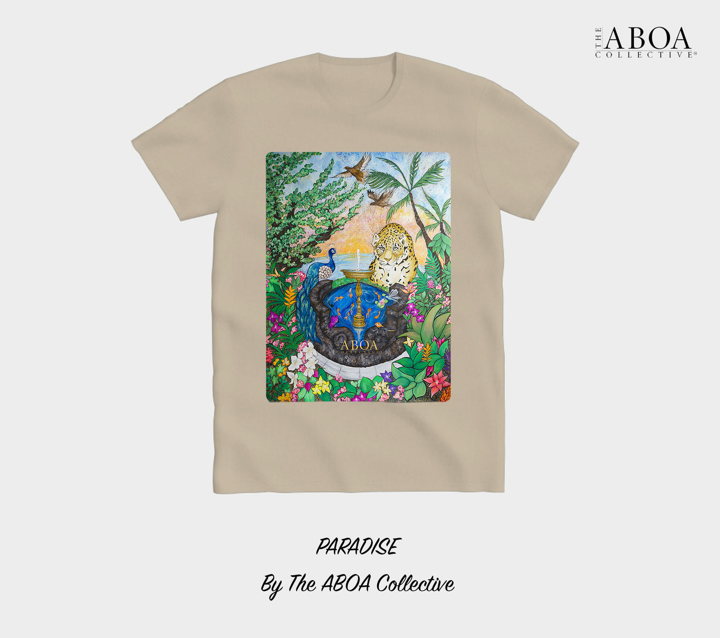 paradise, tropical, rainforest, nature art, animal art, sunset, jaguar, peacock, flora, fauna, fountain, lifestyle apparel, casual, activewear, resort wear, summer fashion, t-shirt, tees, unisex tees