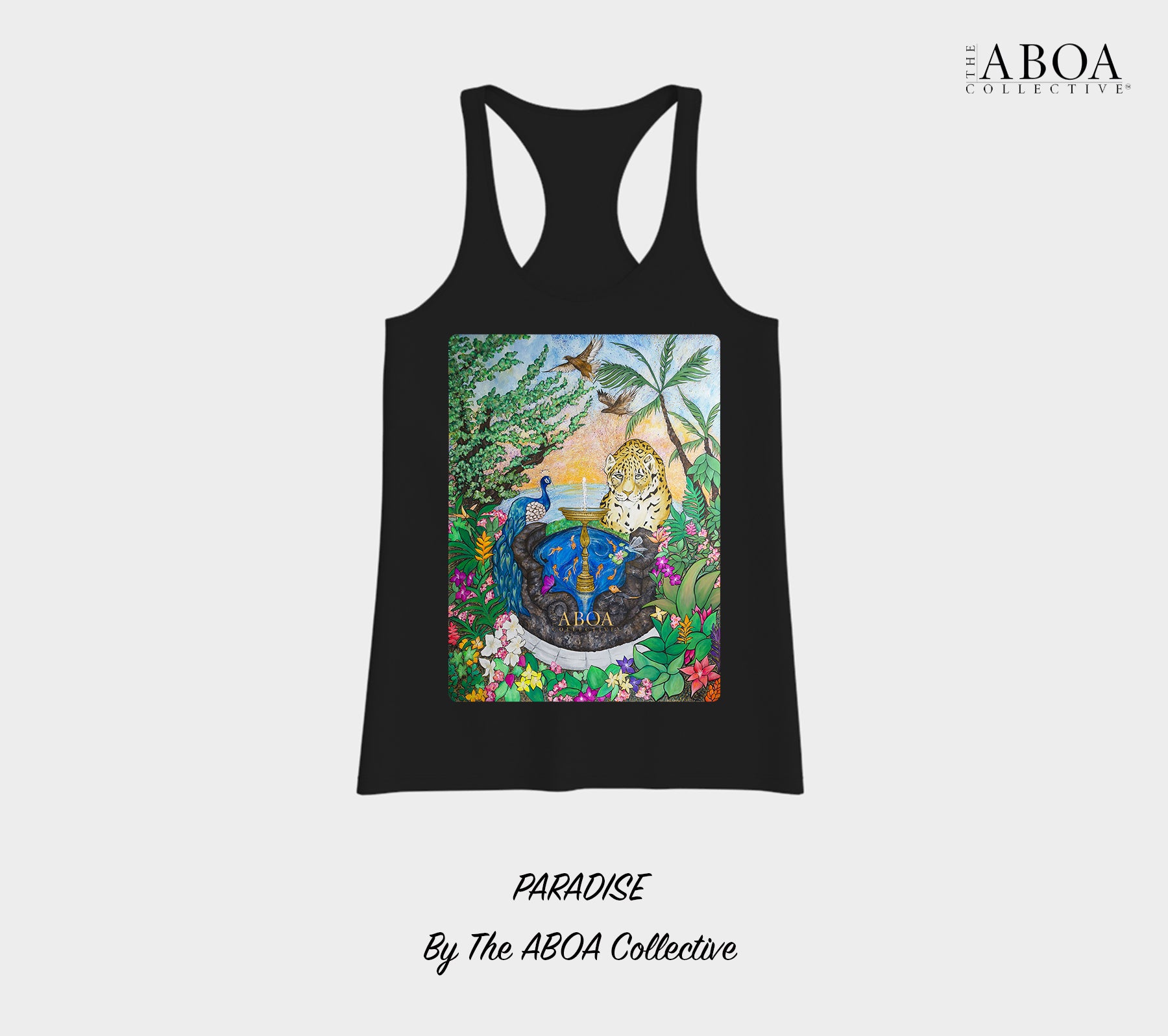 paradise, tropical, rainforest, nature art, animal art, sunset, jaguar, peacock, flora, fauna, fountain, lifestyle apparel, casual, activewear, resort wear, summer fashion, tank top, racerback tank,, women's tank top