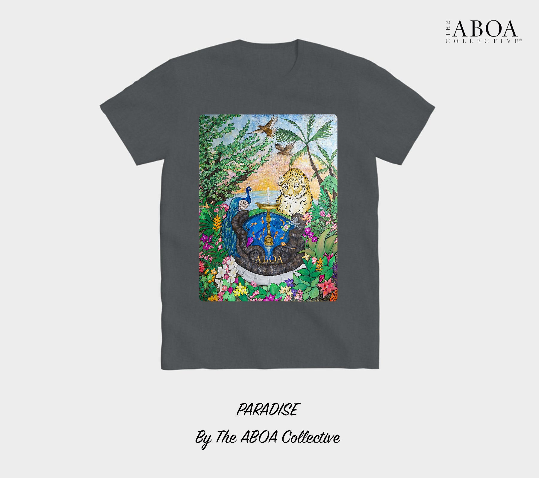 paradise, tropical, rainforest, nature art, animal art, sunset, jaguar, peacock, flora, fauna, fountain, lifestyle apparel, casual, activewear, resort wear, summer fashion, t-shirt, tees, unisex tees