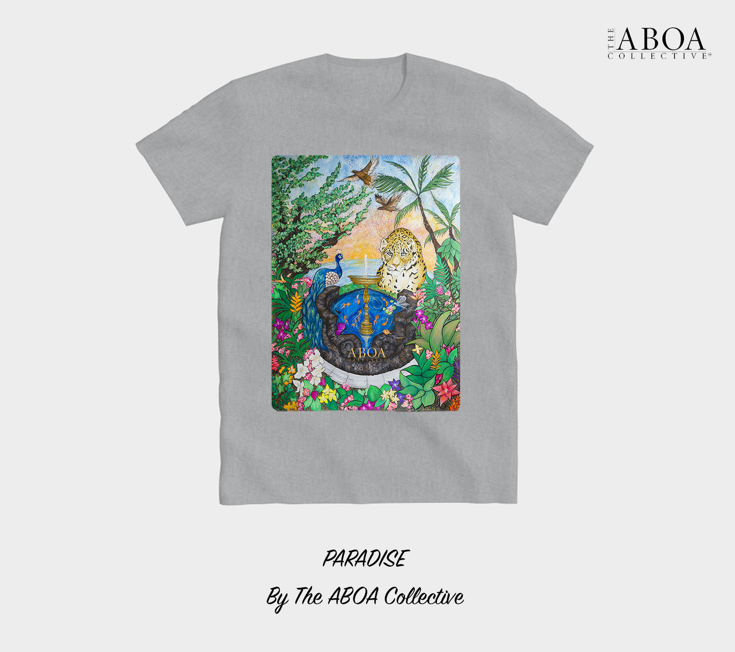 paradise, tropical, rainforest, nature art, animal art, sunset, jaguar, peacock, flora, fauna, fountain, lifestyle apparel, casual, activewear, resort wear, summer fashion, t-shirt, tees, unisex tees