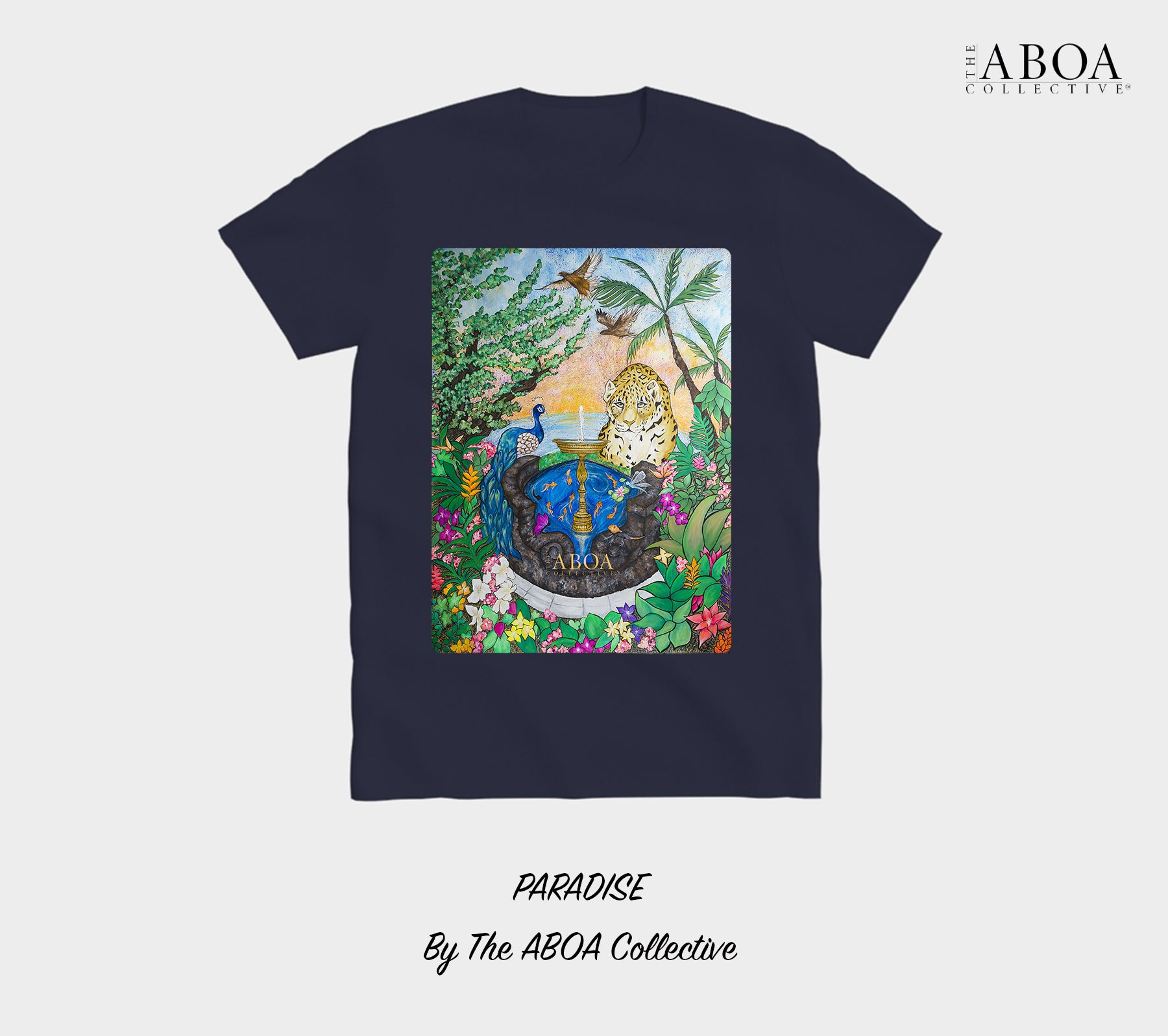 paradise, tropical, rainforest, nature art, animal art, sunset, jaguar, peacock, flora, fauna, fountain, lifestyle apparel, casual, activewear, resort wear, summer fashion, t-shirt, tees, unisex tees