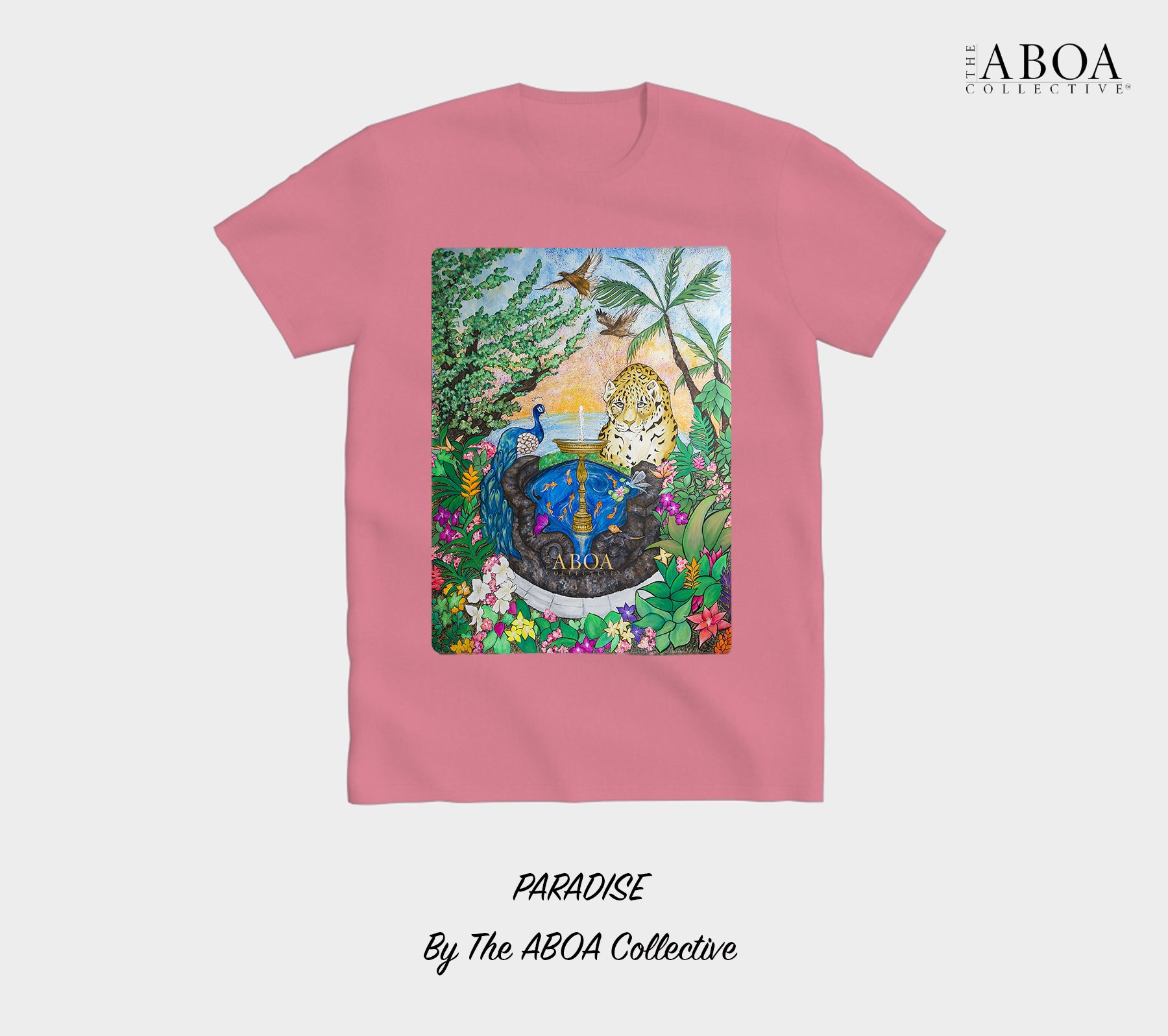 paradise, tropical, rainforest, nature art, animal art, sunset, jaguar, peacock, flora, fauna, fountain, lifestyle apparel, casual, activewear, resort wear, summer fashion, t-shirt, tees, unisex tees