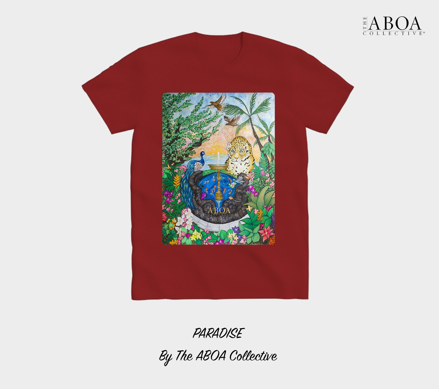 paradise, tropical, rainforest, nature art, animal art, sunset, jaguar, peacock, flora, fauna, fountain, lifestyle apparel, casual, activewear, resort wear, summer fashion, t-shirt, tees, unisex tees