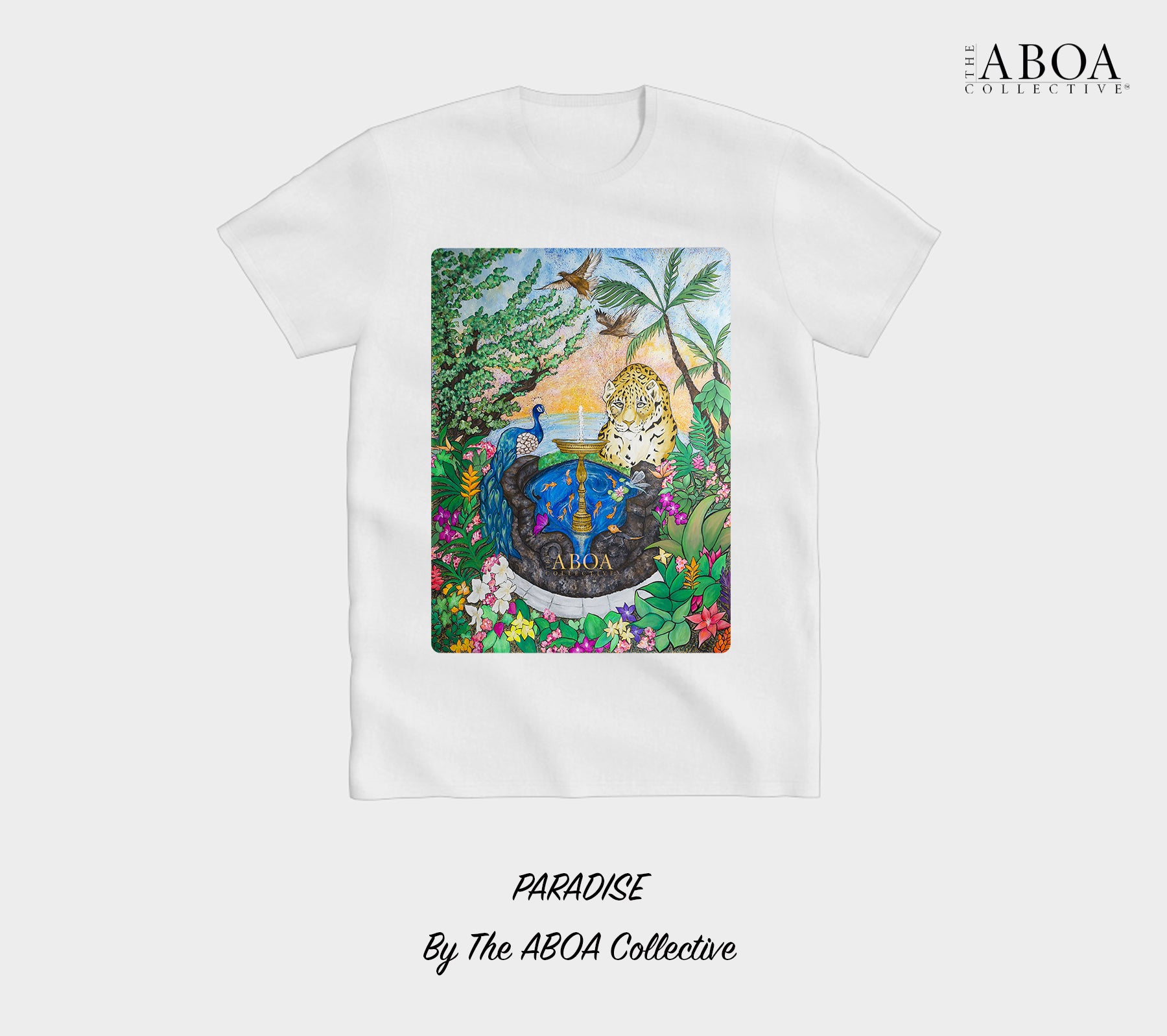 paradise, tropical, rainforest, nature art, animal art, sunset, jaguar, peacock, flora, fauna, fountain, lifestyle apparel, casual, activewear, resort wear, summer fashion, t-shirt, tees, unisex tees