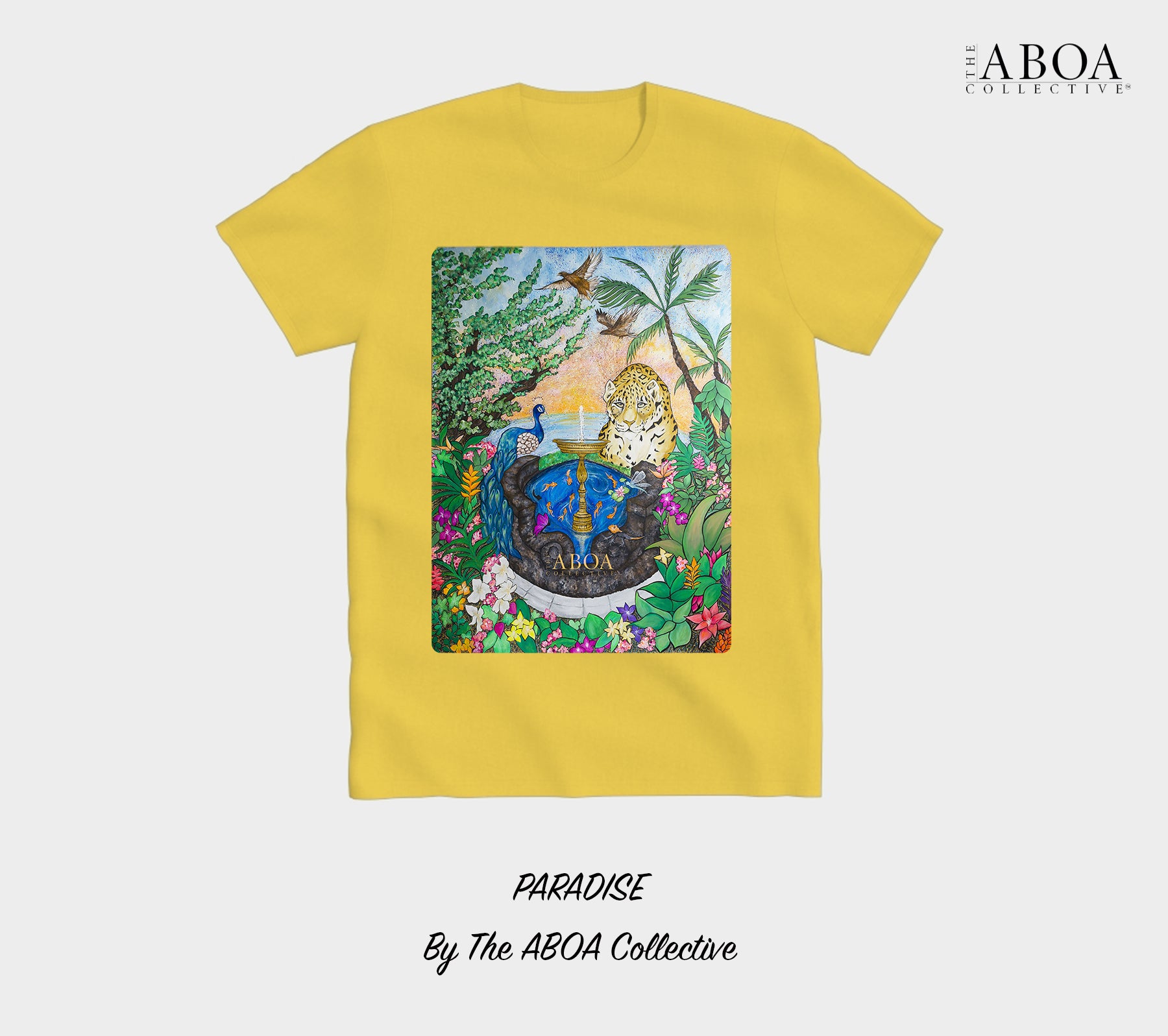 paradise, tropical, rainforest, nature art, animal art, sunset, jaguar, peacock, flora, fauna, fountain, lifestyle apparel, casual, activewear, resort wear, summer fashion, t-shirt, tees, unisex tees