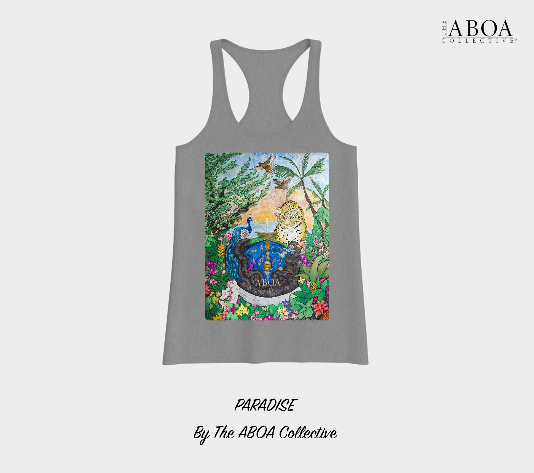 paradise, tropical, rainforest, nature art, animal art, sunset, jaguar, peacock, flora, fauna, fountain, lifestyle apparel, casual, activewear, resort wear, summer fashion, tank top, racerback tank,, women's tank top