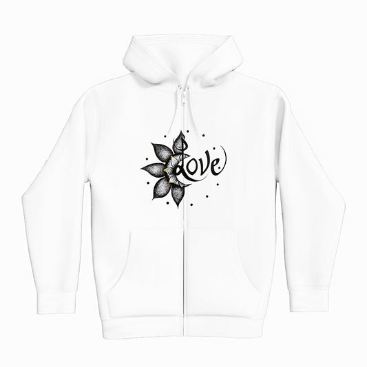 lifestyle apparel, casual clothing, unisex, stippled ink, ink art, pointillism, dot work, flower art, love, black and white, hoody, hoodie, hoody season, fleece, winter looks, winter wear, winter fashion, streetwear