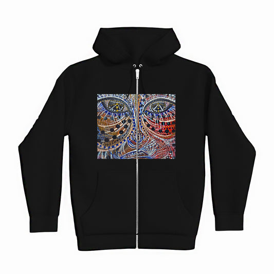 lifestyle apparel, casual clothing, unisex, stippled ink, ink art, pointillism, dot work, portrait, abstract portrait, pointillism, spirituality, rawness, earthly, spirit, colours, bold, fierce, energy, hoody, hoodie, hoody season, fleece, full zip, winter wear, winter looks, winter fashion, streetwear