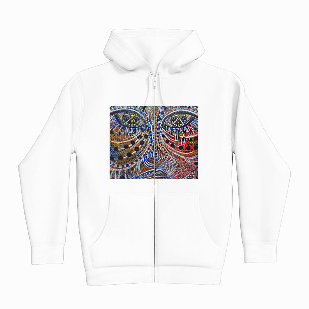 lifestyle apparel, casual clothing, unisex, stippled ink, ink art, pointillism, dot work, portrait, abstract portrait, pointillism, spirituality, rawness, earthly, spirit, colours, bold, fierce, energy, hoody, hoodie, hoody season, fleece, full zip, winter wear, winter looks, winter fashion, streetwear