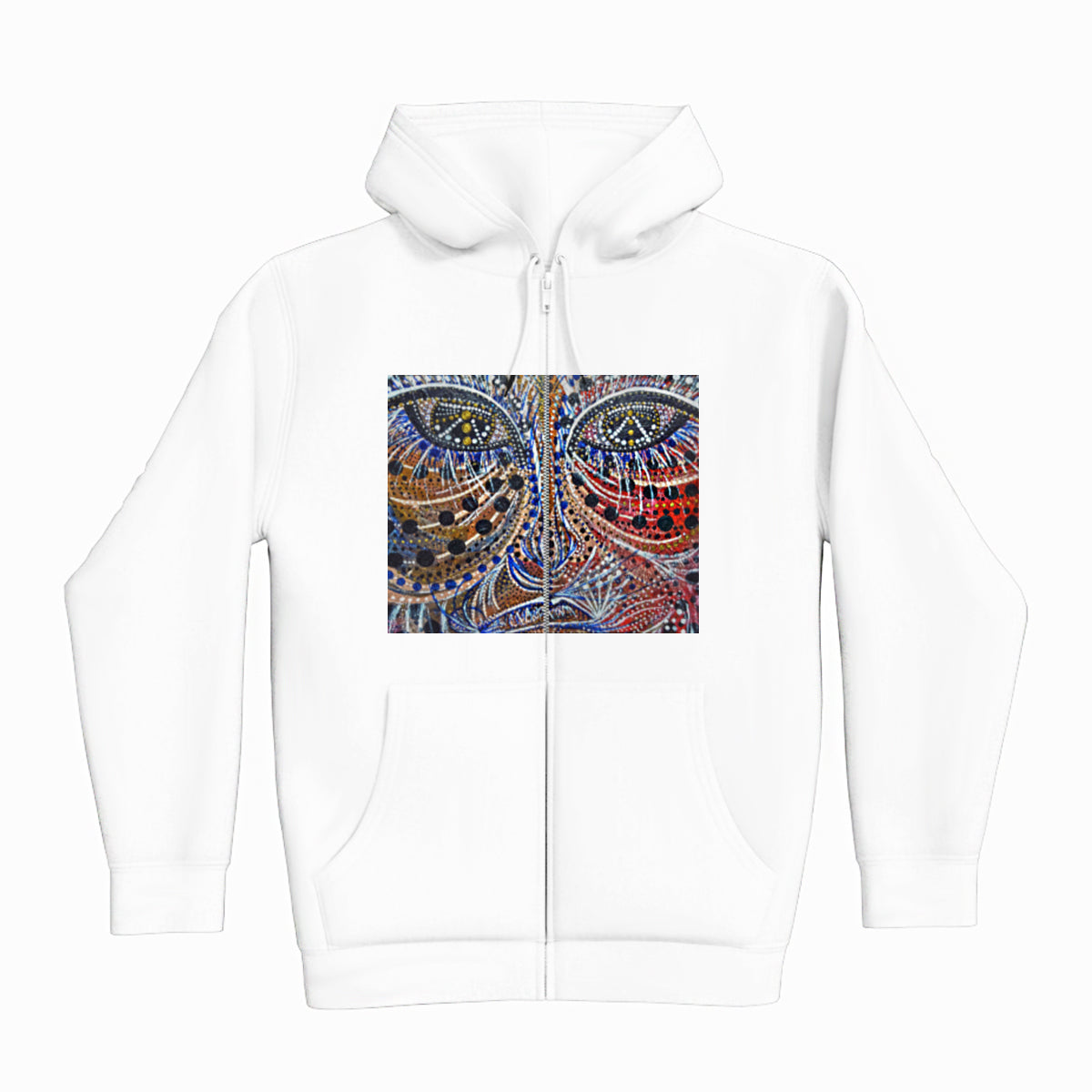 lifestyle apparel, casual clothing, unisex, stippled ink, ink art, pointillism, dot work, portrait, abstract portrait, pointillism, spirituality, rawness, earthly, spirit, colours, bold, fierce, energy, hoody, hoodie, hoody season, fleece, full zip, winter wear, winter looks, winter fashion, streetwear