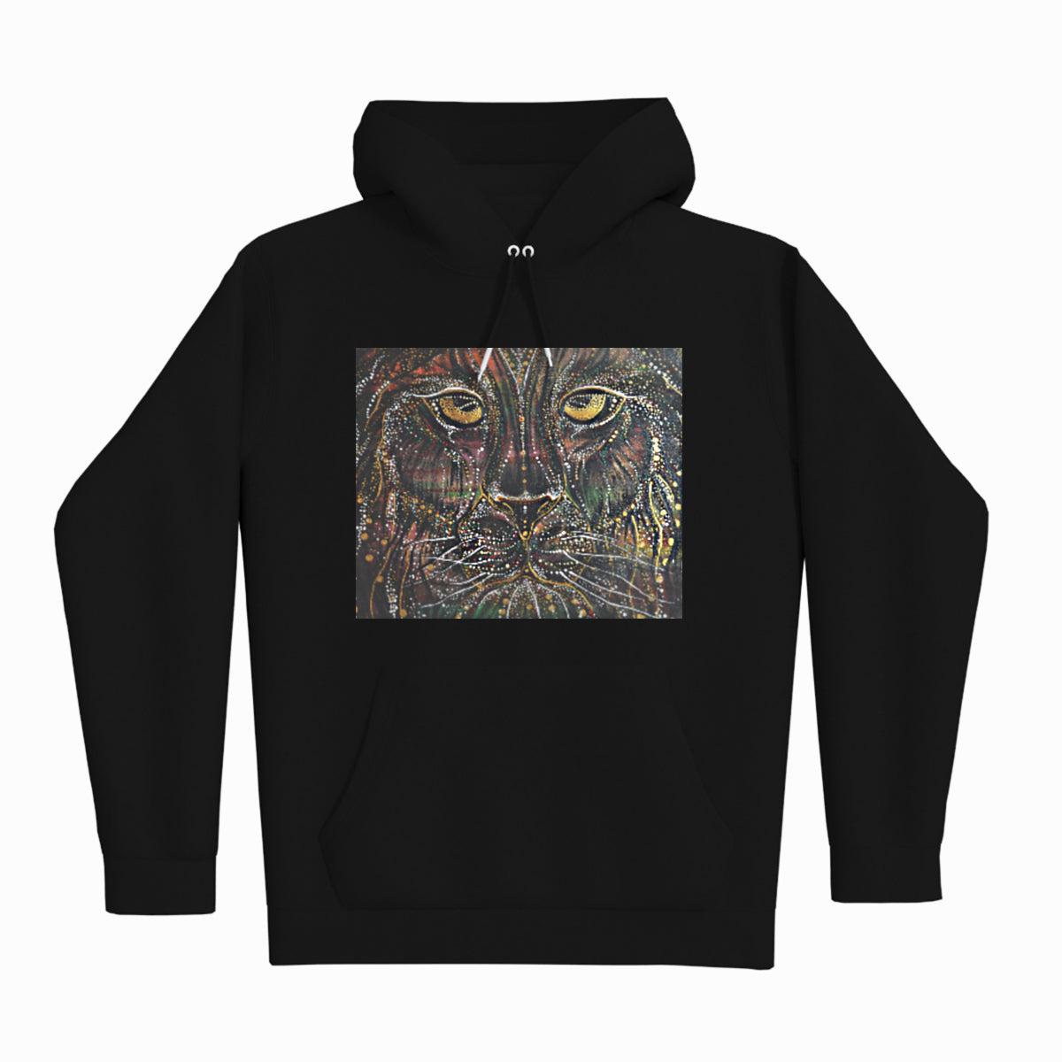 lifestyle apparel, casual clothing, unisex, stippled ink, ink art, pointillism, dot work, animal art, lion, portrait, abstract portrait, pointillism, king, lion art, fierce, humble, hoodie, hoody, hoody season, winter fashion