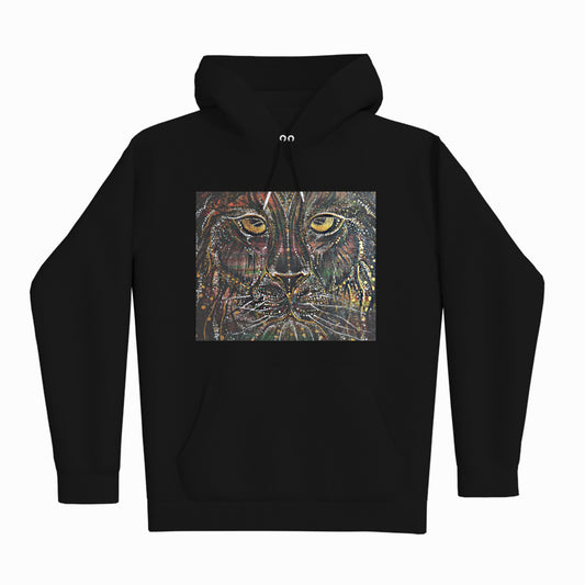 lifestyle apparel, casual clothing, unisex, stippled ink, ink art, pointillism, dot work, animal art, lion, portrait, abstract portrait, pointillism, king, lion art, fierce, humble, hoodie, hoody, hoody season, winter fashion