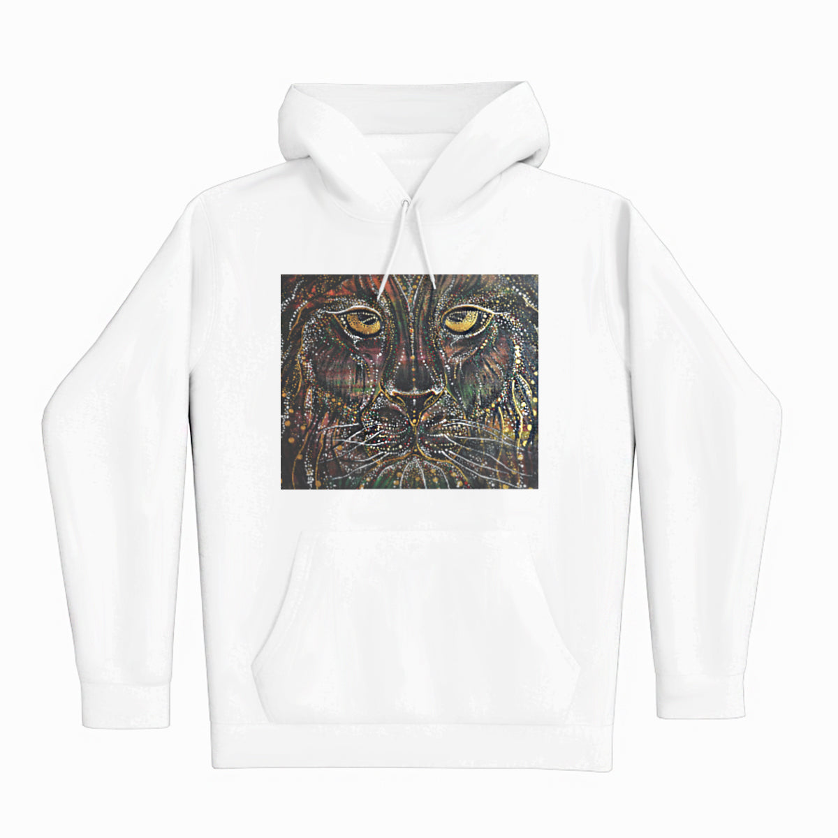 lifestyle apparel, casual clothing, unisex, stippled ink, ink art, pointillism, dot work, animal art, lion, portrait, abstract portrait, pointillism, king, lion art, fierce, humble, hoodie, hoody, hoody season, winter fashion