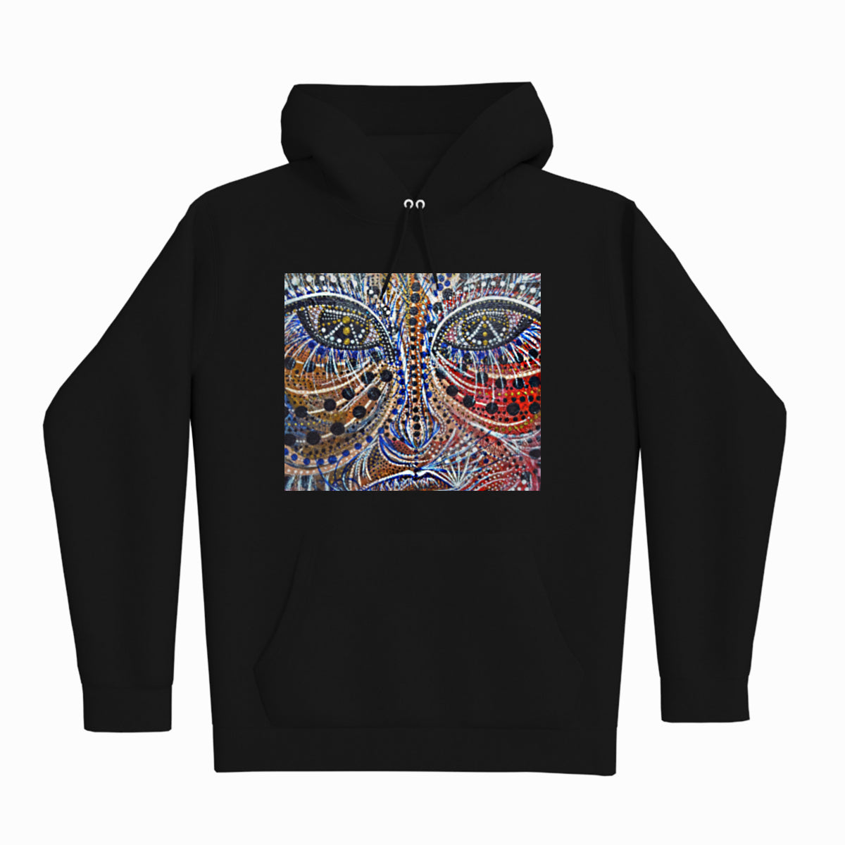 lifestyle apparel, casual clothing, unisex, stippled ink, ink art, pointillism, dot work, portrait, abstract portrait, pointillism, spirituality, rawness, earthly, spirit, colours, bold, fierce, energy,  HOODY, HOODIE, HOODIE SEASON, FLEECE. WINTER FASHION