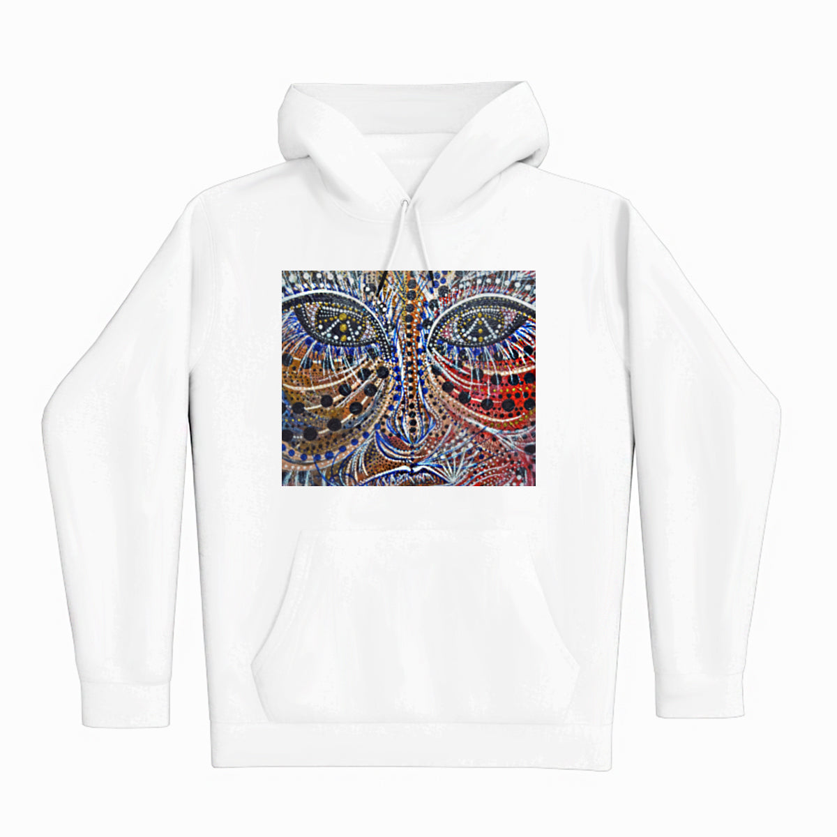 lifestyle apparel, casual clothing, unisex, stippled ink, ink art, pointillism, dot work, portrait, abstract portrait, pointillism, spirituality, rawness, earthly, spirit, colours, bold, fierce, energy,  HOODY, HOODIE, HOODIE SEASON, FLEECE. WINTER FASHION