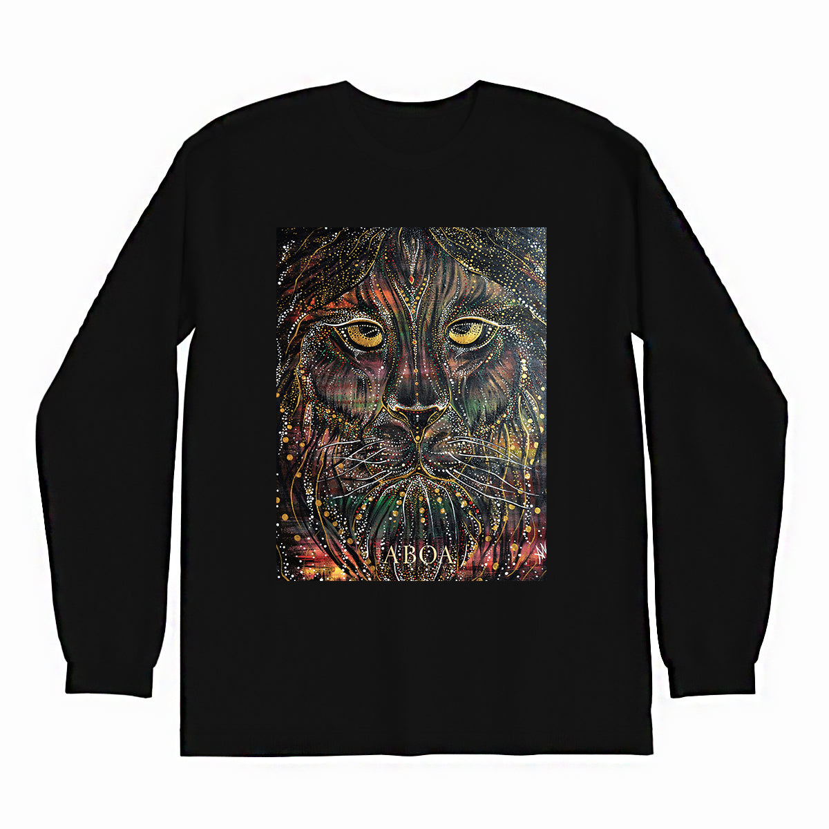 lifestyle apparel, casual clothing, unisex, stippled ink, ink art, pointillism, dot work, animal art, lion, portrait, abstract portrait, pointillism, king, lion art, fierce, humble, long sleeve, long sleeve tee, winter looks, winter fashion, winter wear, streetwear