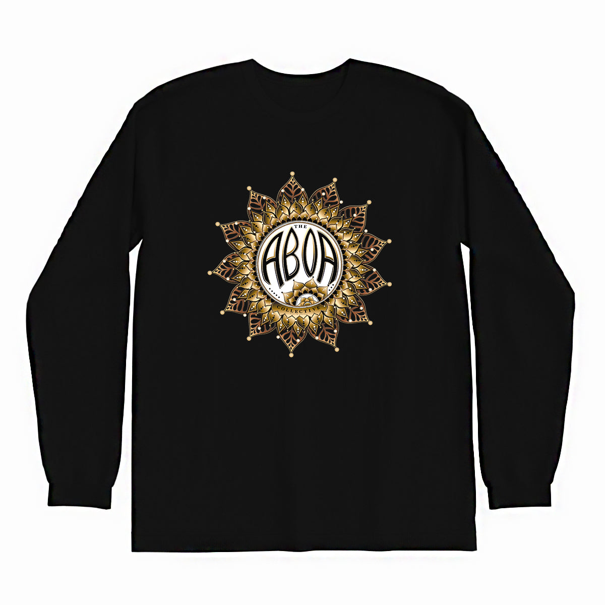 lifestyle apparel, casual clothing, logo tee, unisex, long sleeve, winter. looks, winter fashion, winter wear, streetwear, mandala, vector drawing, digital, gold