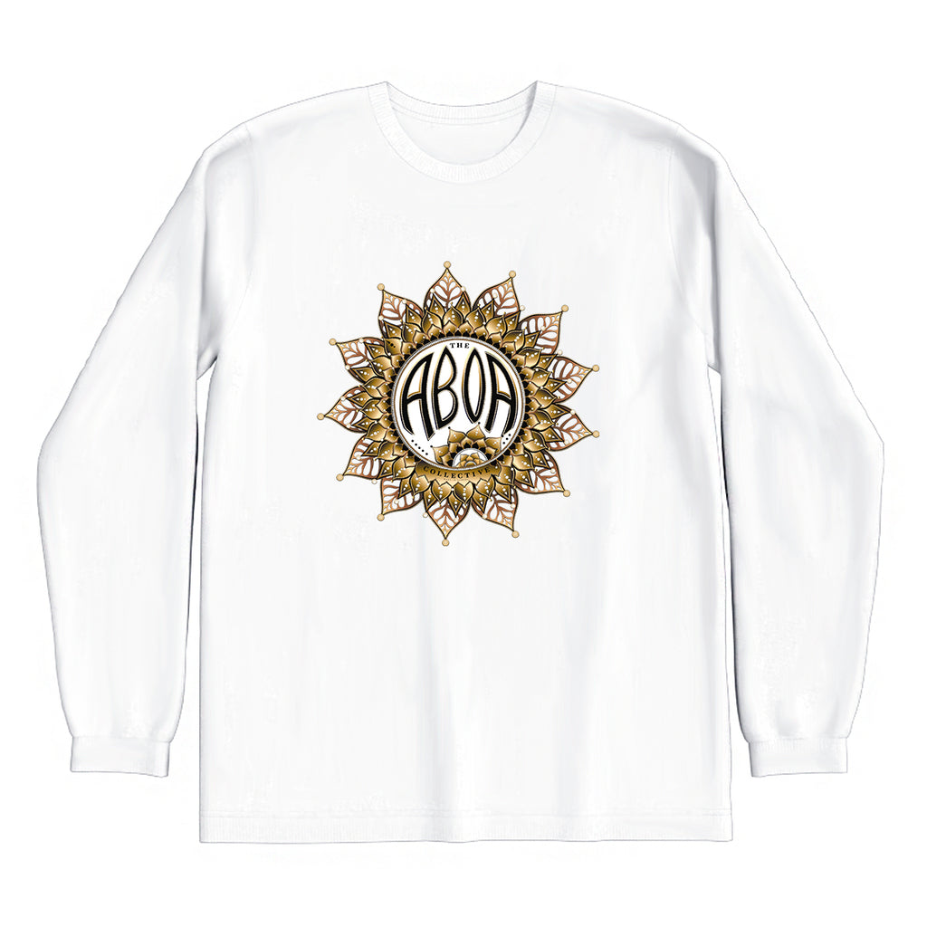 lifestyle apparel, casual clothing, logo tee, unisex, long sleeve, winter. looks, winter fashion, winter wear, streetwear, mandala, vector drawing, digital, gold