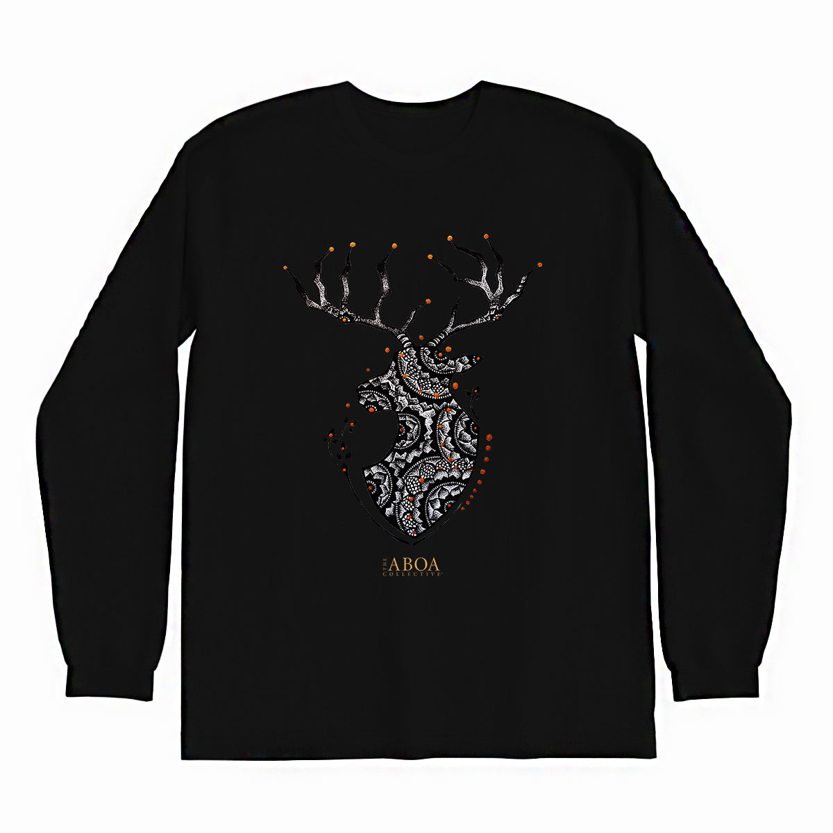 lifestyle apparel, casual clothing, unisex, buck, deer, reindeer, mandala, stippled ink, ink art, pointillism, dot work, animal art, long sleeve, long sleeve tee, winter wear, winter fashion, streetwear