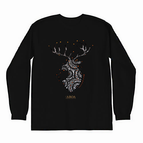 lifestyle apparel, casual clothing, unisex, buck, deer, reindeer, mandala, stippled ink, ink art, pointillism, dot work, animal art, long sleeve, long sleeve tee, winter wear, winter fashion, streetwear