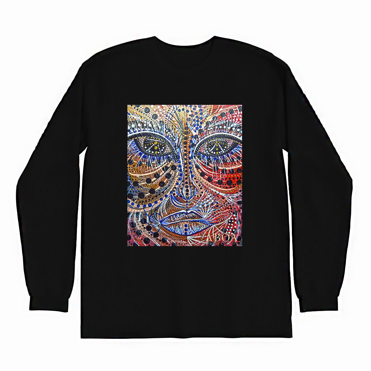 lifestyle apparel, casual clothing, unisex, stippled ink, ink art, pointillism, dot work, portrait, abstract portrait, pointillism, spirituality, rawness, earthly, spirit, colours, bold, fierce, energy, long sleeve, long sleeve tee, winter looks, winter fashion, winter wear, streetwear