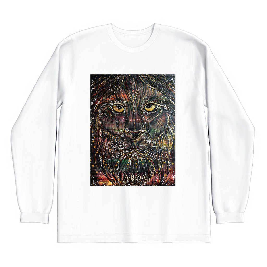 lifestyle apparel, casual clothing, unisex, stippled ink, ink art, pointillism, dot work, animal art, lion, portrait, abstract portrait, pointillism, king, lion art, fierce, humble, long sleeve, long sleeve tee, winter looks, winter fashion, winter wear, streetwear