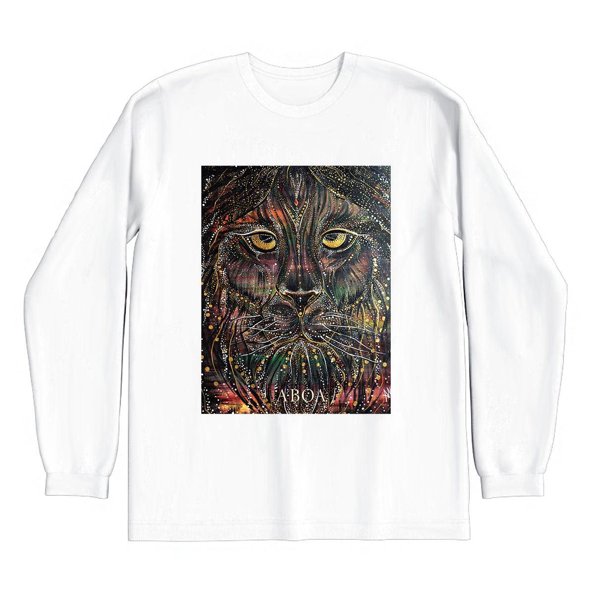 lifestyle apparel, casual clothing, unisex, stippled ink, ink art, pointillism, dot work, animal art, lion, portrait, abstract portrait, pointillism, king, lion art, fierce, humble, long sleeve, long sleeve tee, winter looks, winter fashion, winter wear, streetwear