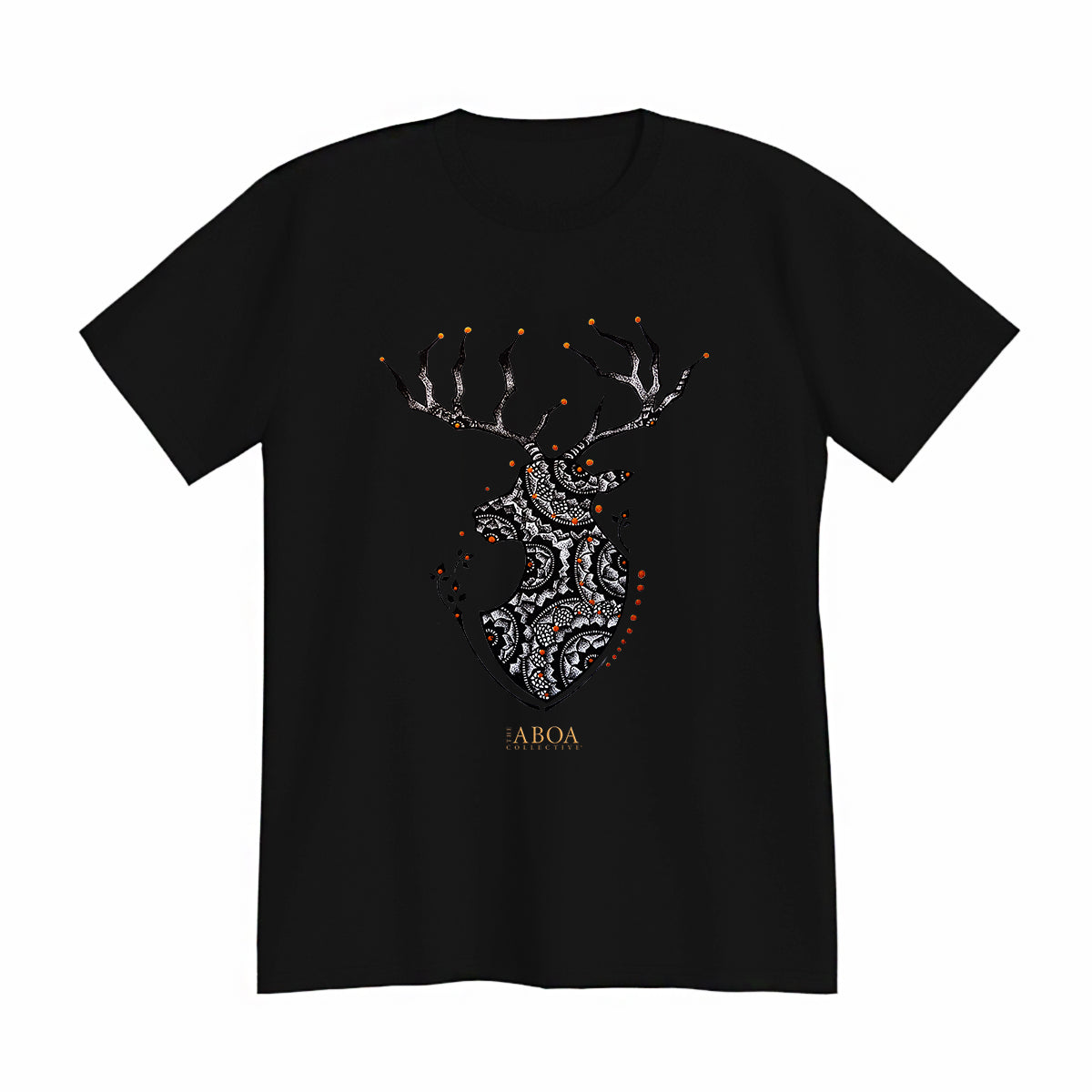 t-shirt, tees, lifestyle apparel, casual clothing, logo tee, unisex, buck, deer, reindeer, mandala, stippled ink, ink art, pointillism, dot work, animal art