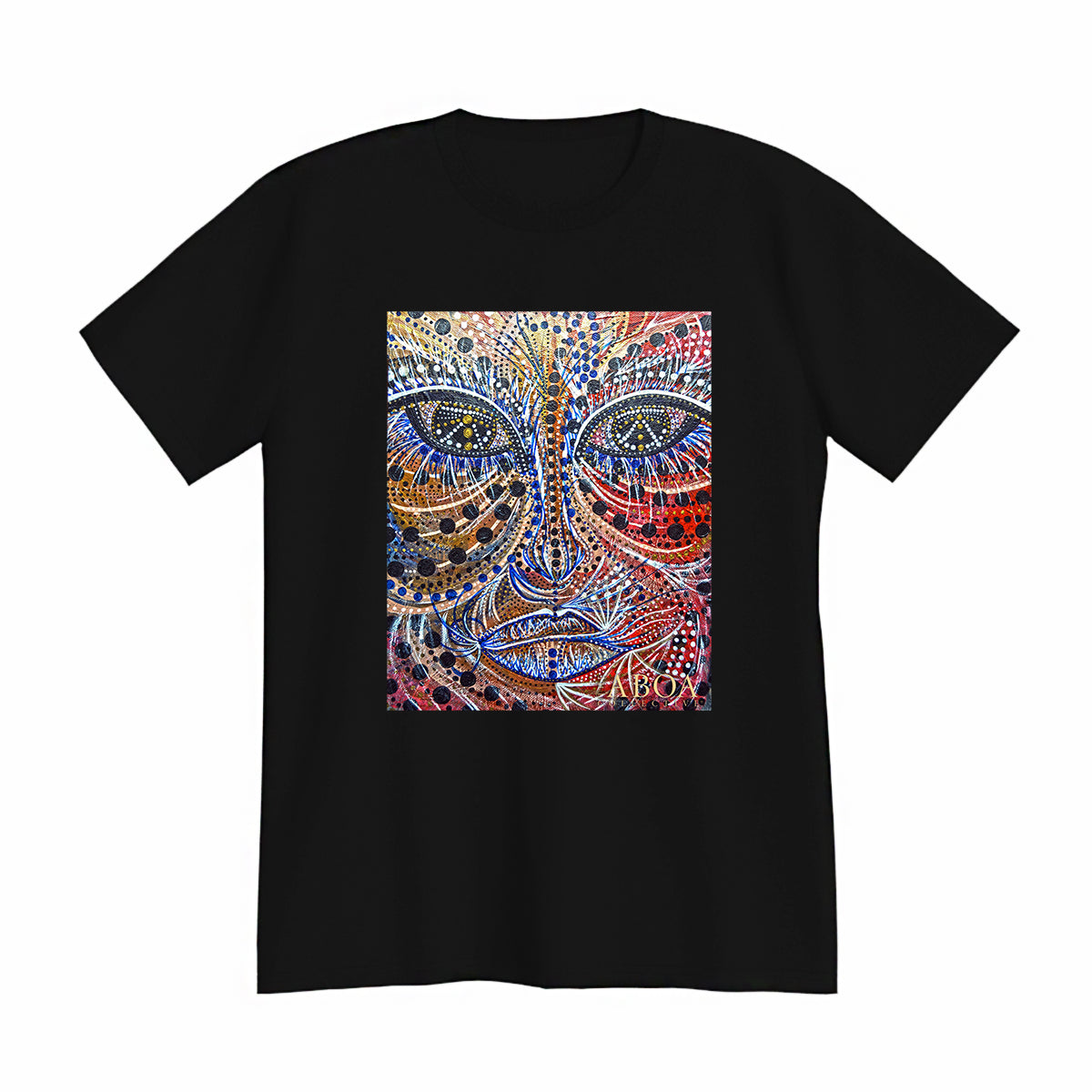 lifestyle apparel, casual clothing, unisex, stippled ink, ink art, pointillism, dot work, portrait, abstract portrait, pointillism, spirituality, rawness, earthly, spirit, colours, bold, fierce, energy, t-shirt, tees