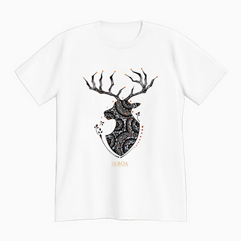 t-shirt, tees, lifestyle apparel, casual clothing, logo tee, unisex, buck, deer, reindeer, mandala, stippled ink, ink art, pointillism, dot work, animal art