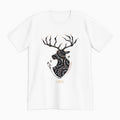 t-shirt, tees, lifestyle apparel, casual clothing, logo tee, unisex, buck, deer, reindeer, mandala, stippled ink, ink art, pointillism, dot work, animal art