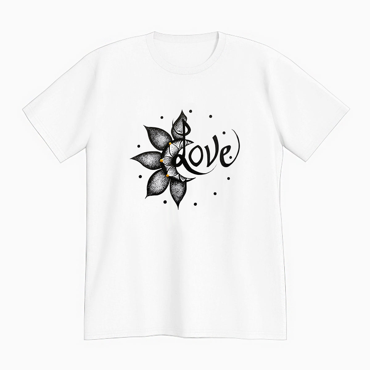 lifestyle apparel, casual clothing, logo tee, unisex, stippled ink, ink art, pointillism, dot work, flower art, love, black and white, tees, t-shirt
