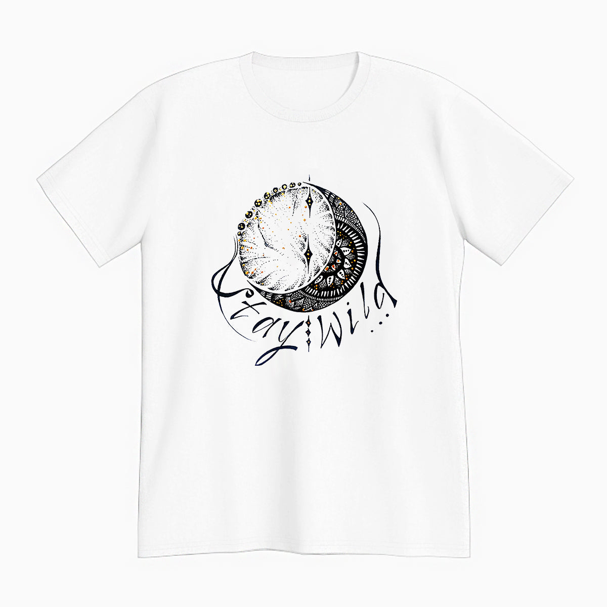 lifestyle apparel, casual clothing, unisex, stippled ink, ink art, pointillism, dot work, moon, loon lovers, mandala, love, black and white, stay wild, stipple, wild heart, free spirit