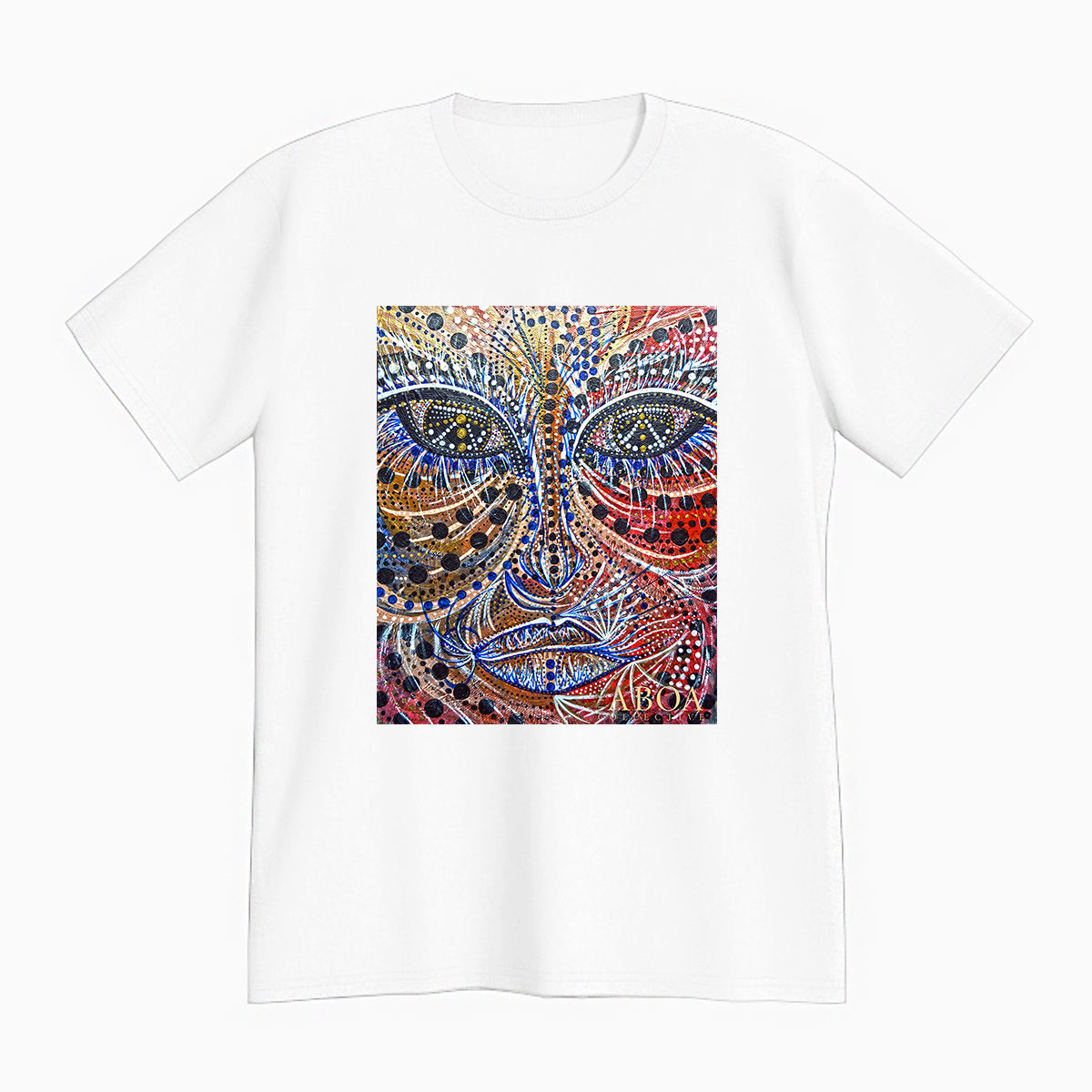 lifestyle apparel, casual clothing, unisex, stippled ink, ink art, pointillism, dot work, portrait, abstract portrait, pointillism, spirituality, rawness, earthly, spirit, colours, bold, fierce, energy, t-shirt, tees