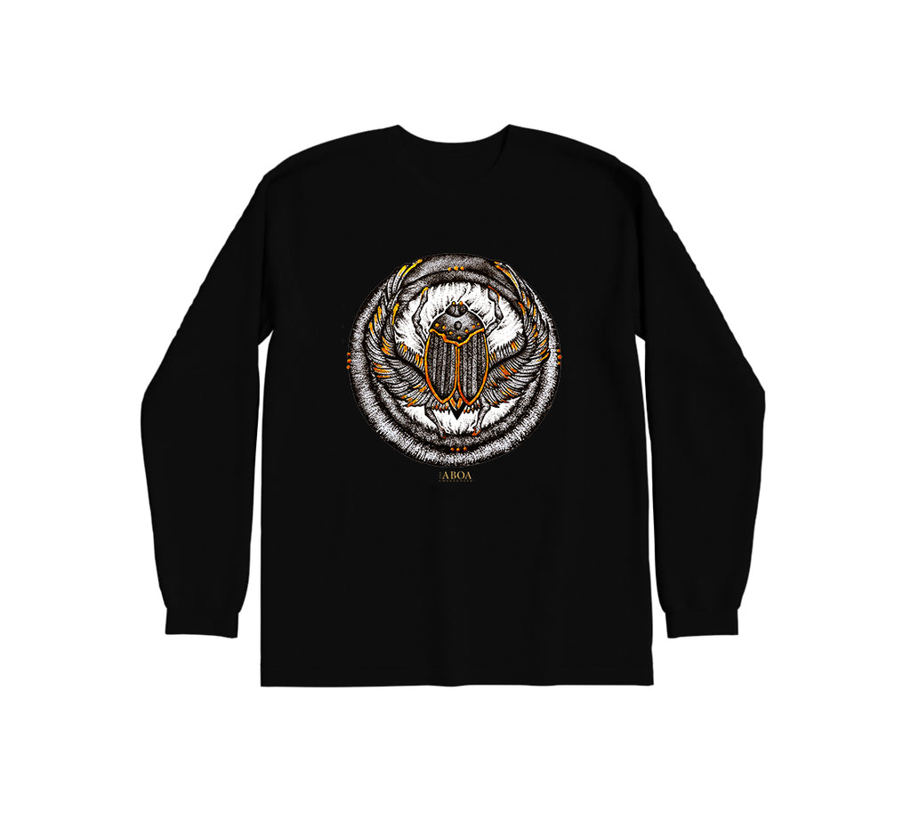 lifestyle apparel, casual clothing, unisex, stippled ink, ink art, pointillism, dot work, animal art, scarab, beetle, ink, black and white, stipple, long sleeve, long sleeve tee, winter fashion, winter looks, winter wear, streetwear