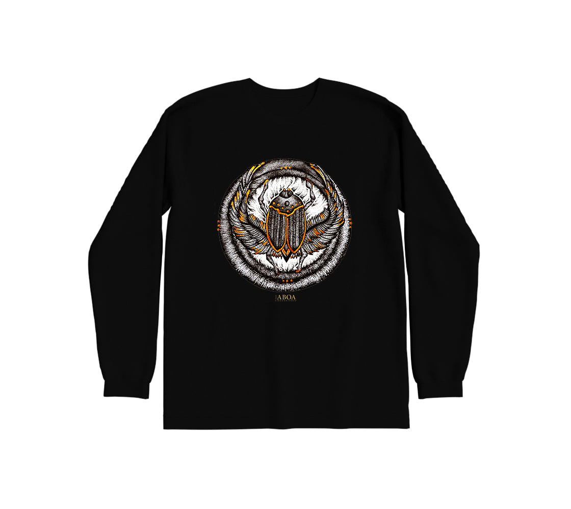 lifestyle apparel, casual clothing, unisex, stippled ink, ink art, pointillism, dot work, animal art, scarab, beetle, ink, black and white, stipple, long sleeve, long sleeve tee, winter fashion, winter looks, winter wear, streetwear