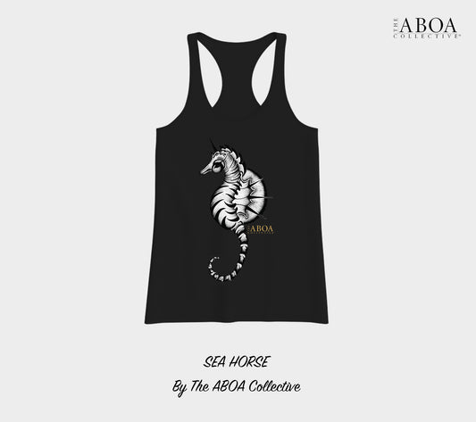 seahorse, sea mammals, animals, animal lovers, animal art, black and white, tropical, resort wear, travel fashion, summer fashion, wanderlust,  tank top, racerback tank, women's tank top