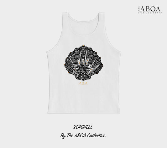 sea shell, shell, mandala, beach wear, boho, beach lovers, black and gold, summer fashion, resort wear, lifestyle, lifestyle apparel, activewear, casual, tank top, unisex tank, men's tank top