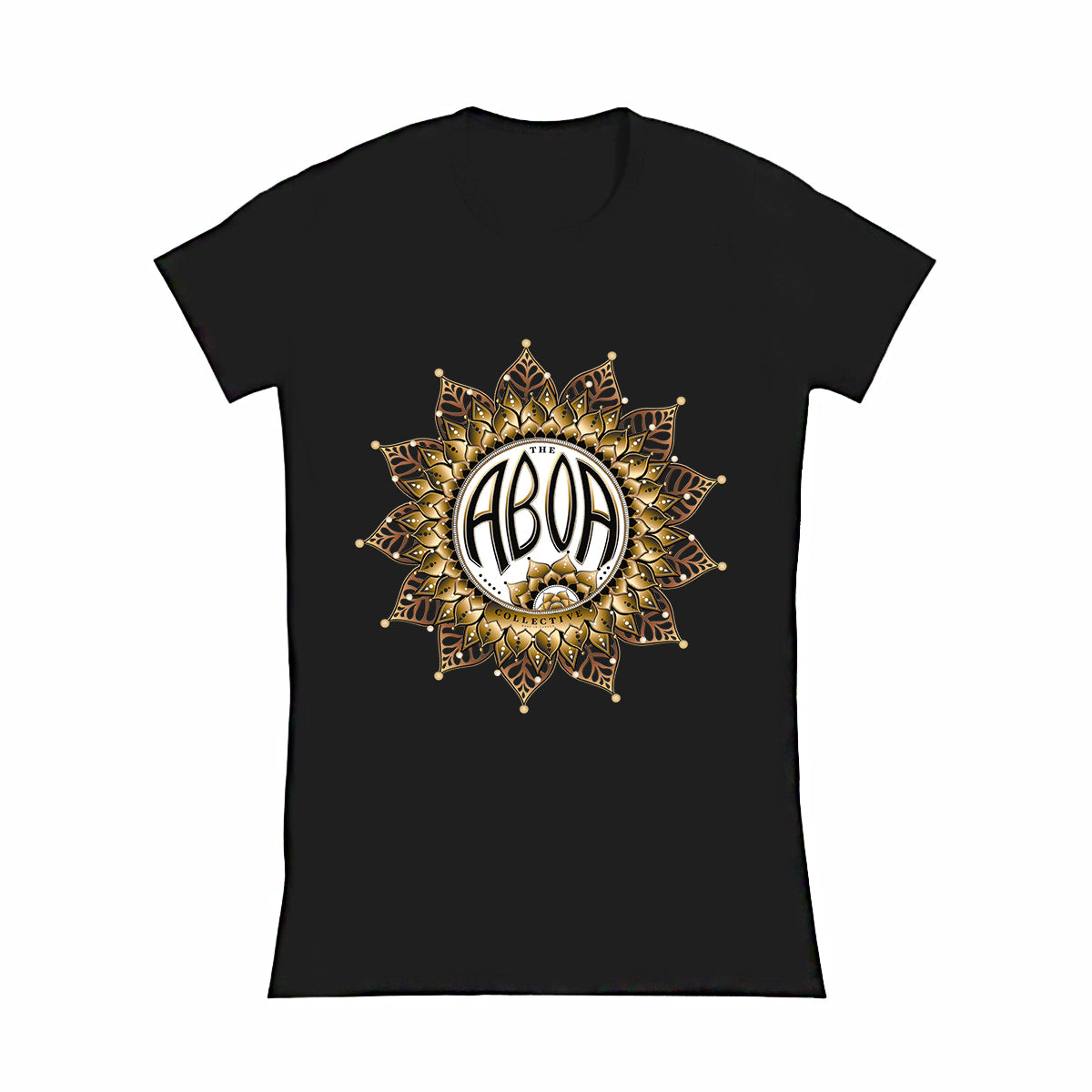 lifestyle apparel, casual clothing, logo tee, unisex, t-shirt, tees, women's wear, women's fashion, mandala, vector drawing, digital, gold