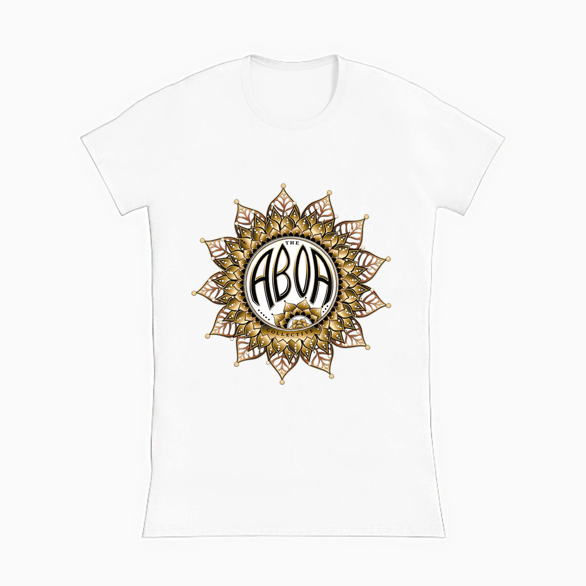 lifestyle apparel, casual clothing, logo tee, unisex, t-shirt, tees, women's wear, women's fashion, mandala, vector drawing, digital, gold