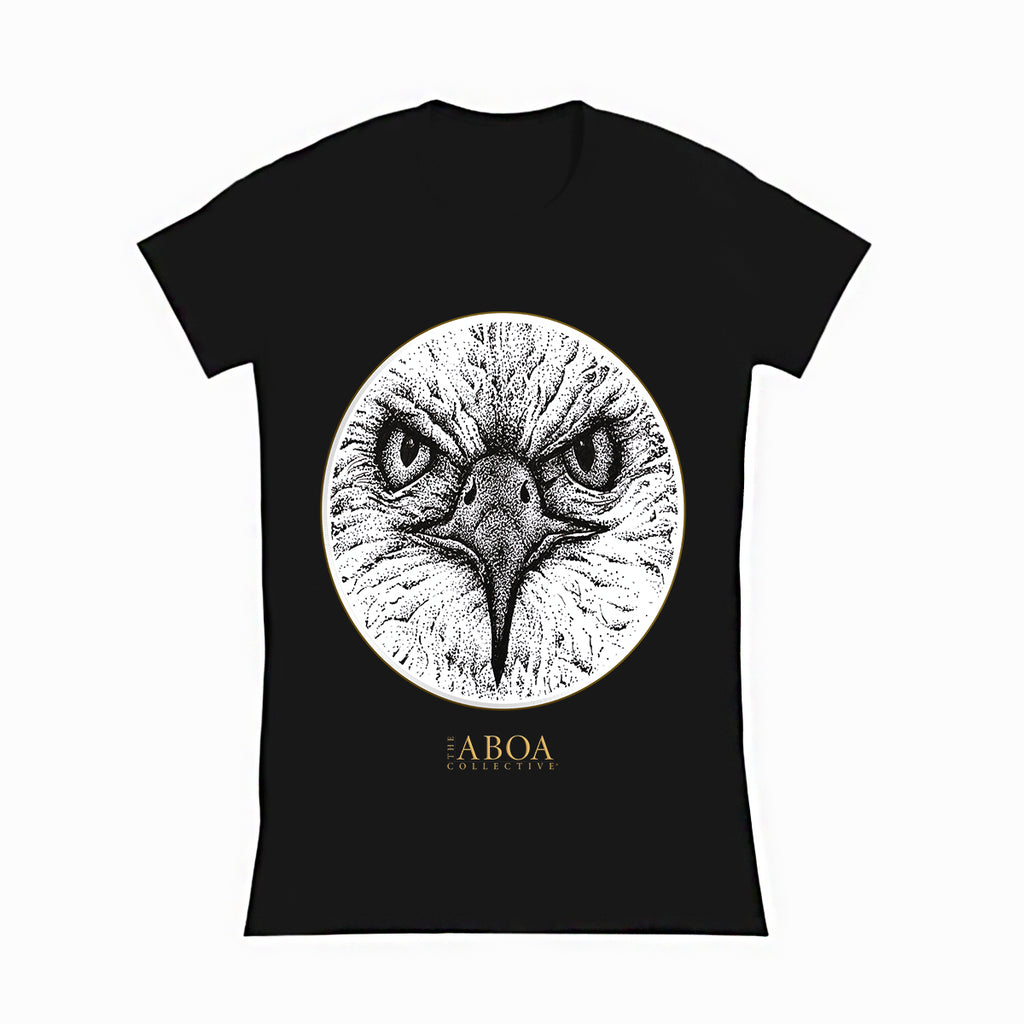 lifestyle apparel, casual clothing, unisex, stippled ink, ink art, pointillism, dot work, animal art, eagle, portrait, birds, birds of prey, stipple ink, women's tee, women's fashion, women's wear