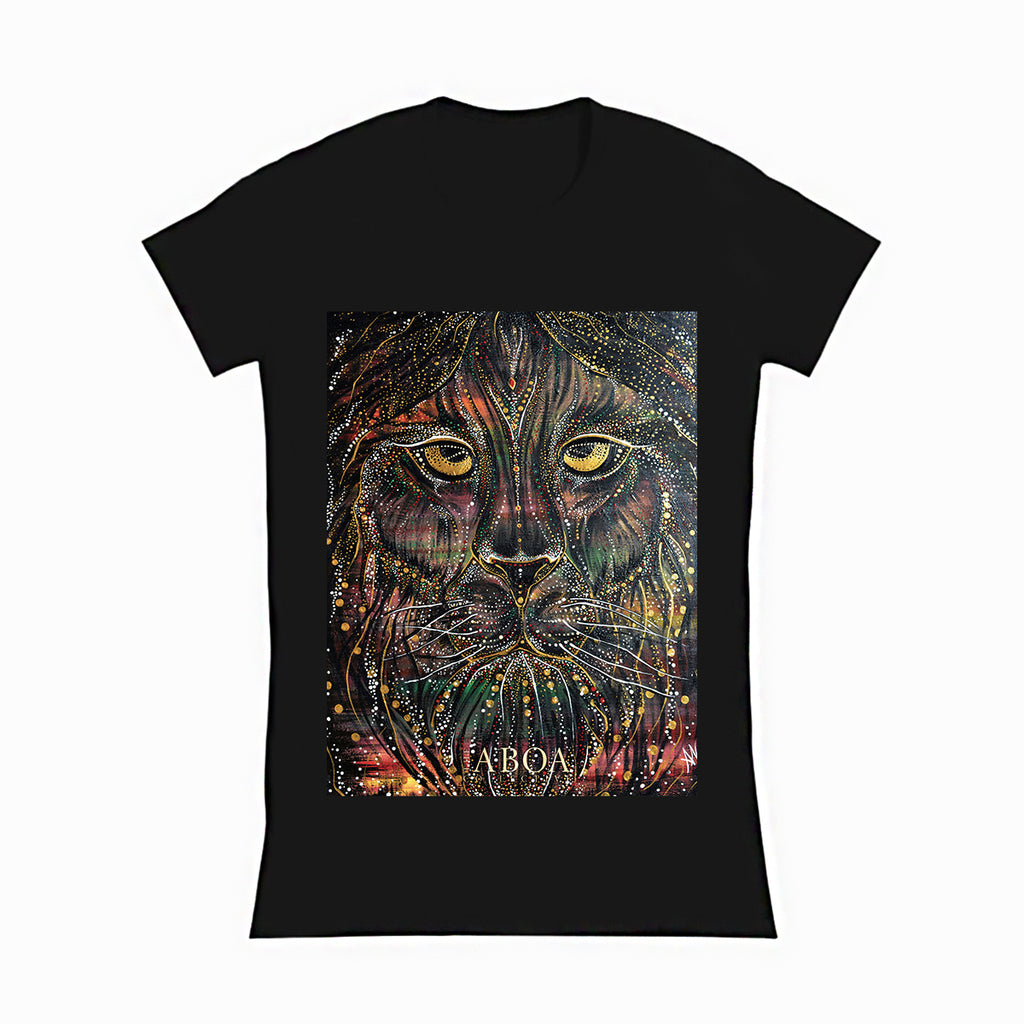 lifestyle apparel, casual clothing, unisex, stippled ink, ink art, pointillism, dot work, animal art, lion, portrait, abstract portrait, pointillism, king, lion art, fierce, humble, women's t-shirt, women's tee, women's fashion, women's wear