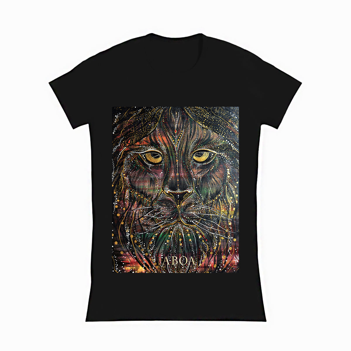 lifestyle apparel, casual clothing, unisex, stippled ink, ink art, pointillism, dot work, animal art, lion, portrait, abstract portrait, pointillism, king, lion art, fierce, humble, women's t-shirt, women's tee, women's fashion, women's wear